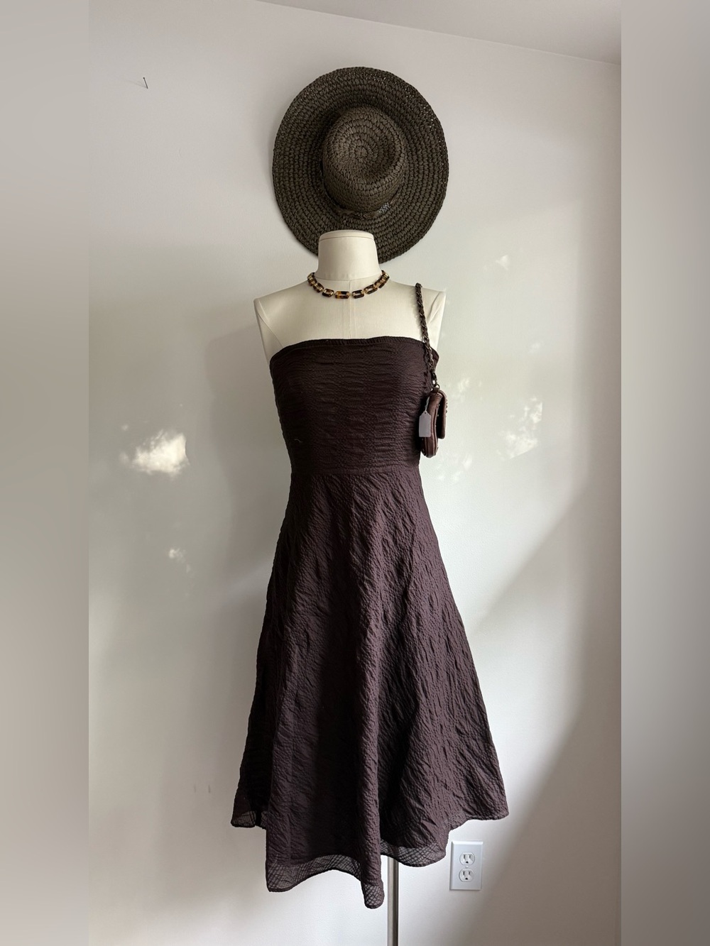 J. Crew Strapless Textured Brown A-Line Midi Dress